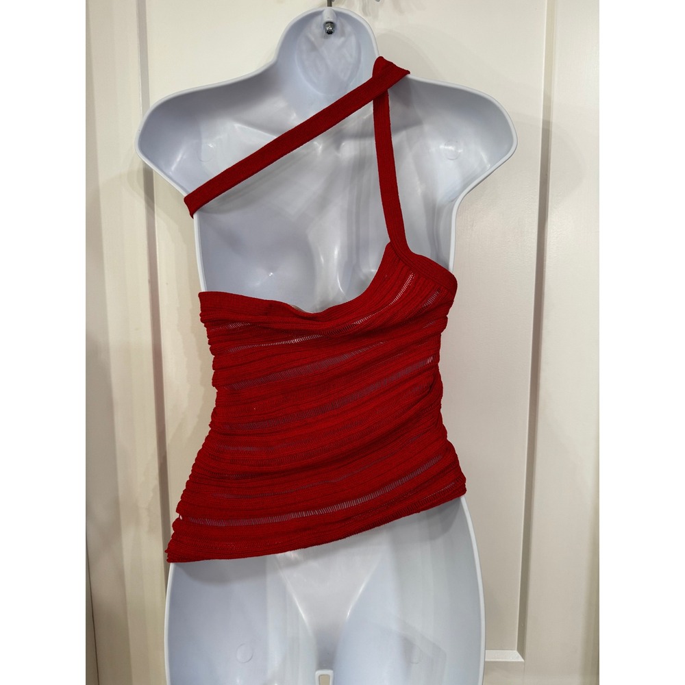 Anthropologie Red One Shoulder Open Knit Asymmetrical Ruched Top Small - Picture 3 of 6